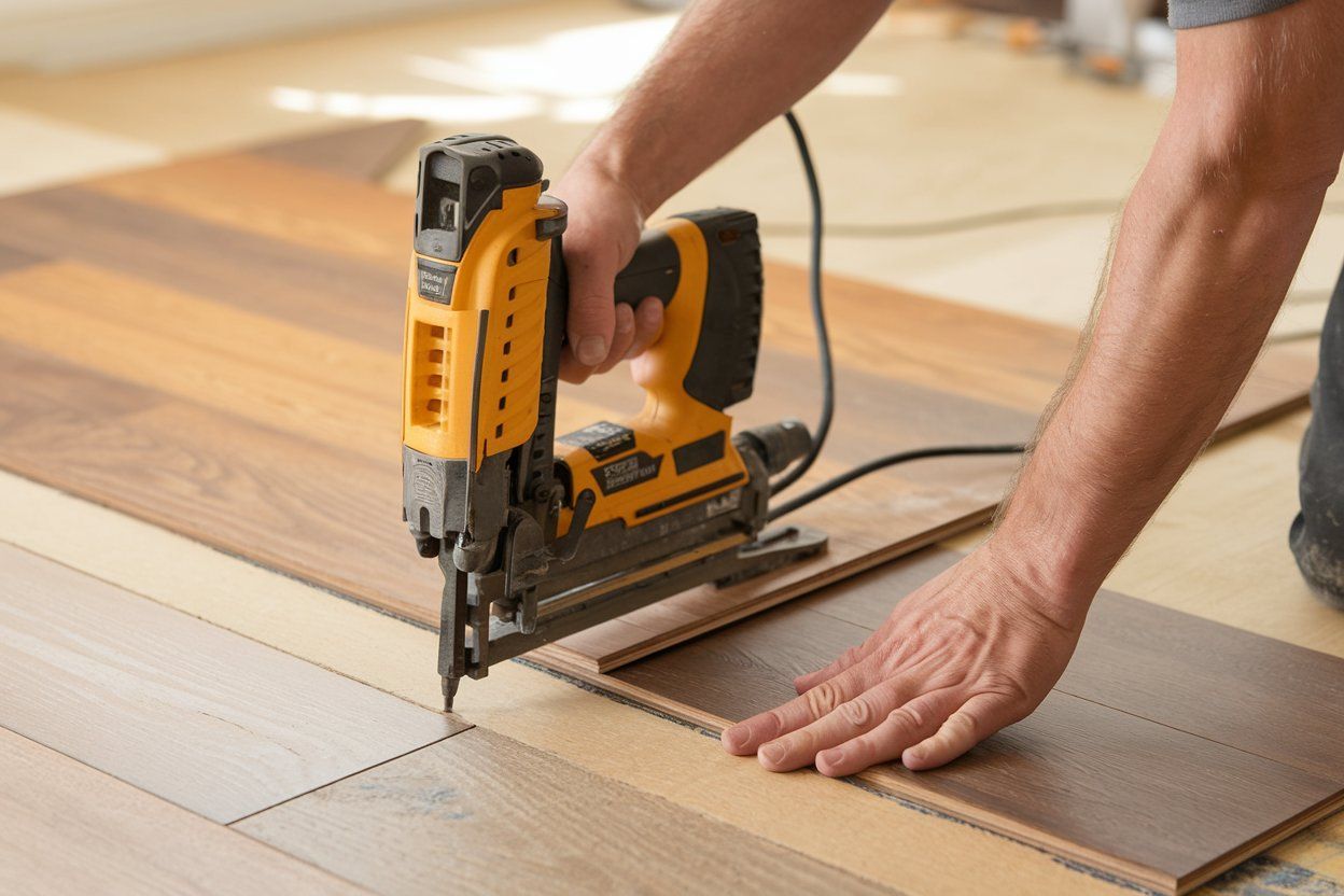 Hands using a yellow jigsaw to cut a board on a wooden floor