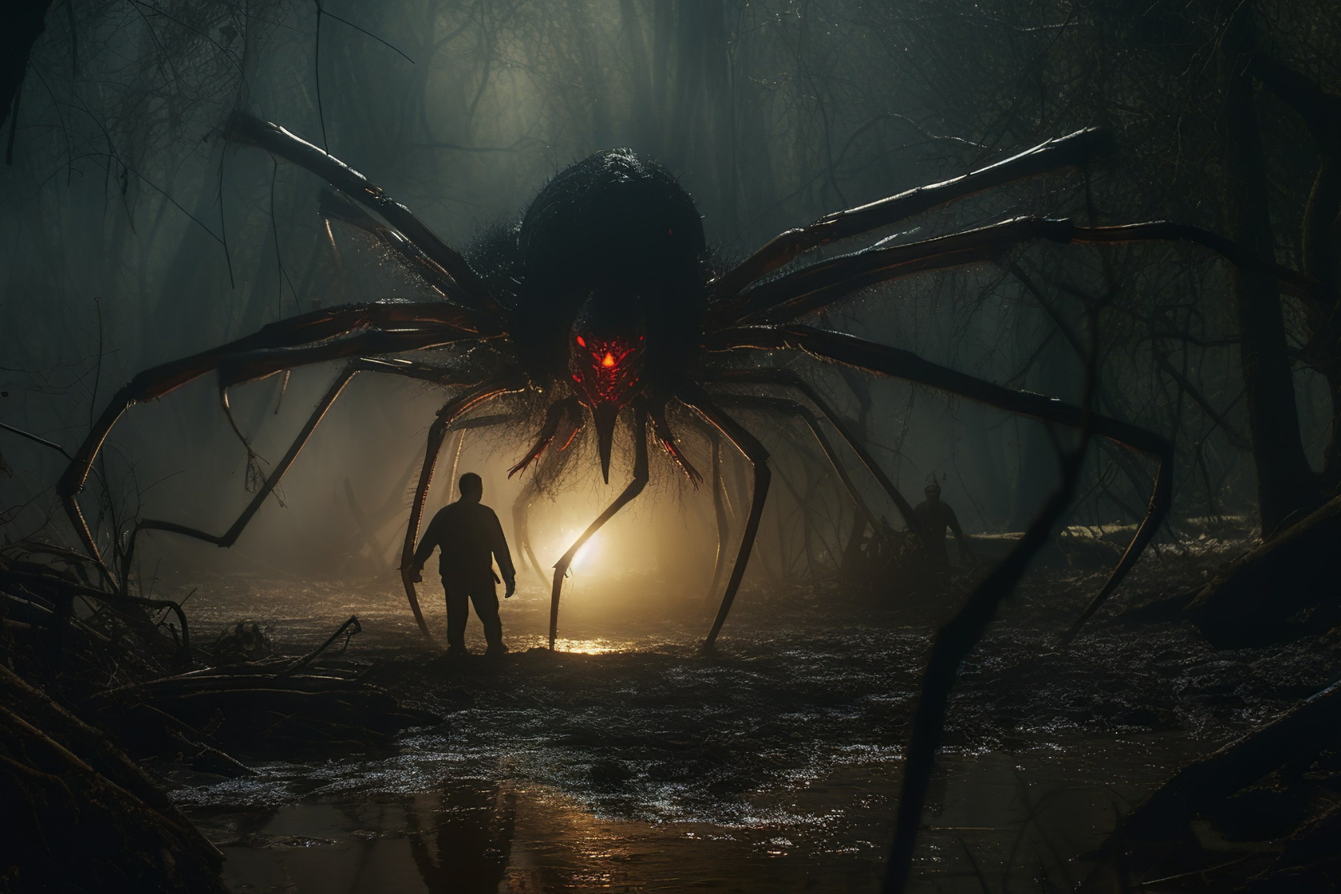 a man is standing in front of a giant spider in a dark forest .