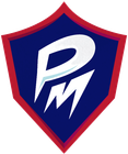 a blue and red shield with the letter pm on it