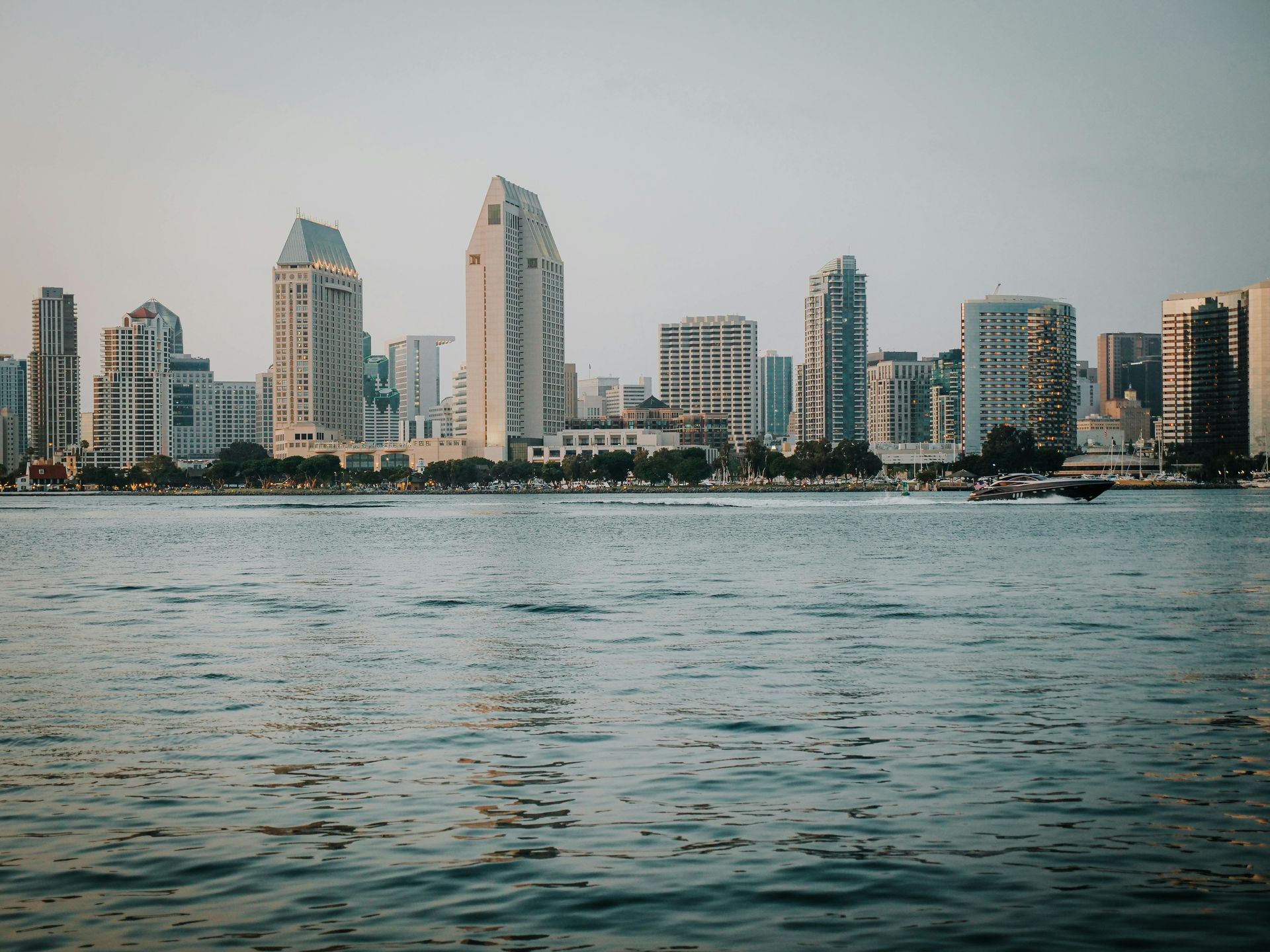 Sailboat on water, cityscape backdrop. San Diego harbor with buildings and marina. Clear blue sky.