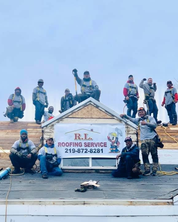 RL Roofing crew installing new roof in Michigan City Indiana