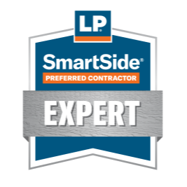 LP SmartSide Preferred Contractor Expert badge in blue, white, orange, and gray