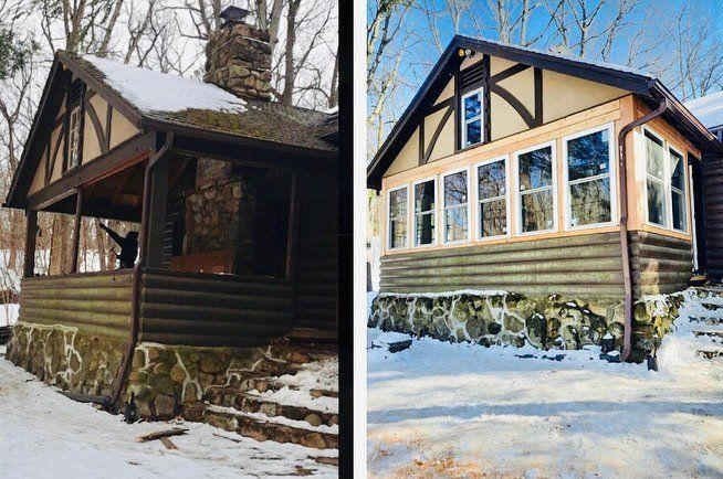 A before and after photo of a log cabin in the snow.