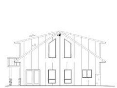 A black and white drawing of a house on a white background.