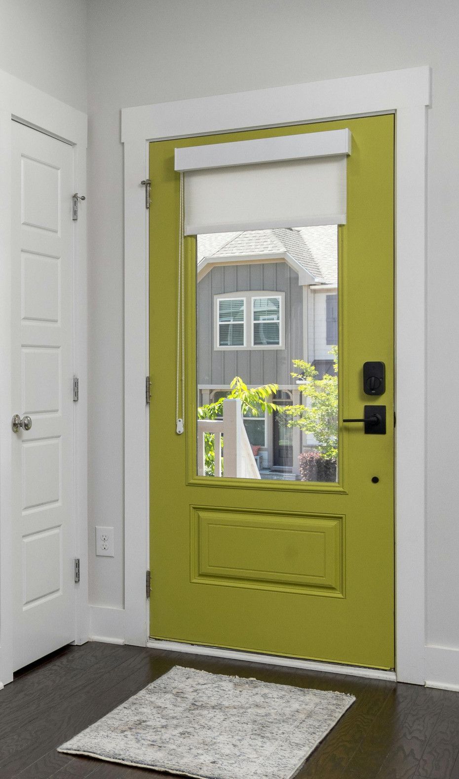 Green front door with glass panel, white trim, and roller shade; view of neighborhood.
