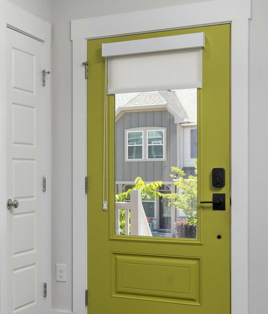 Green front door with glass panel, white trim, and roller shade; view of neighborhood.