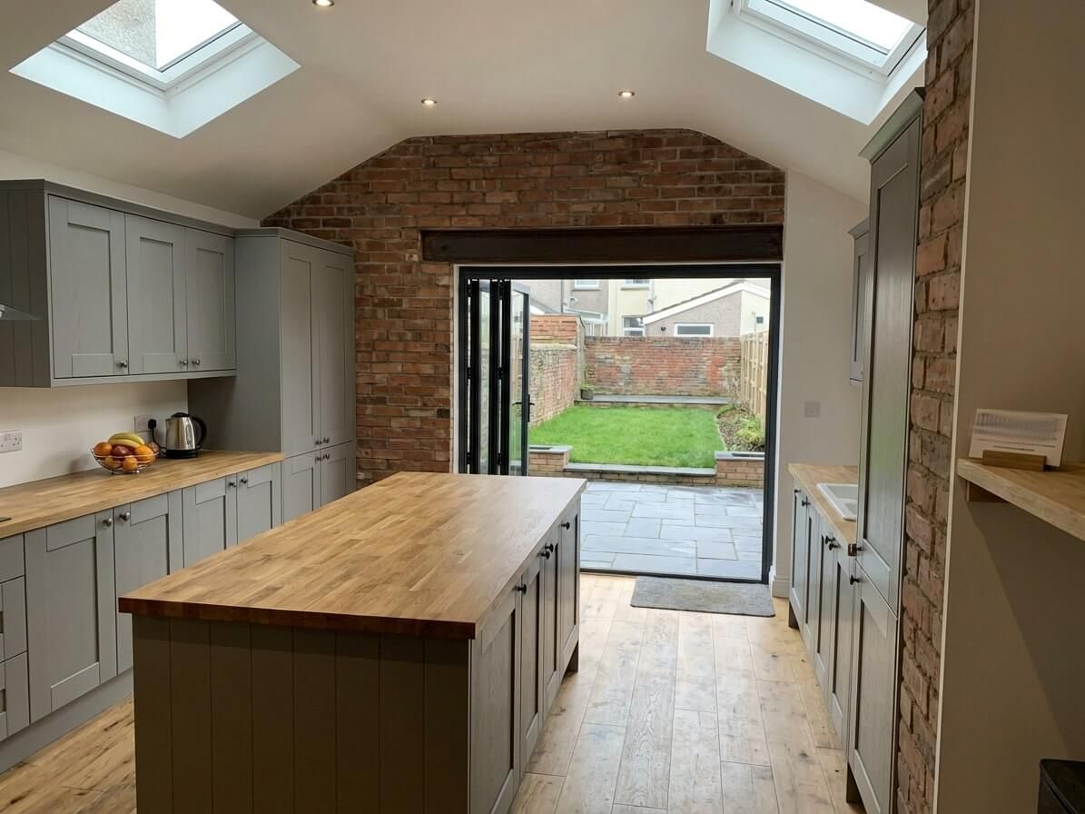 Kitchen with gray cabinets, wood counters, brick wall, and doors to a garden.