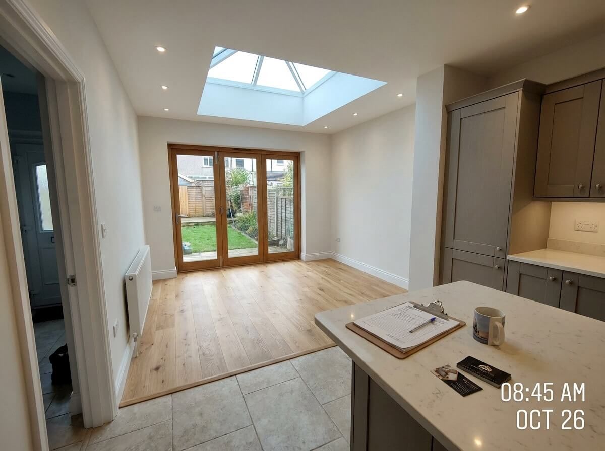 Bright kitchen extension with wood floor, glass doors to the yard, skylight, and grey cabinets.