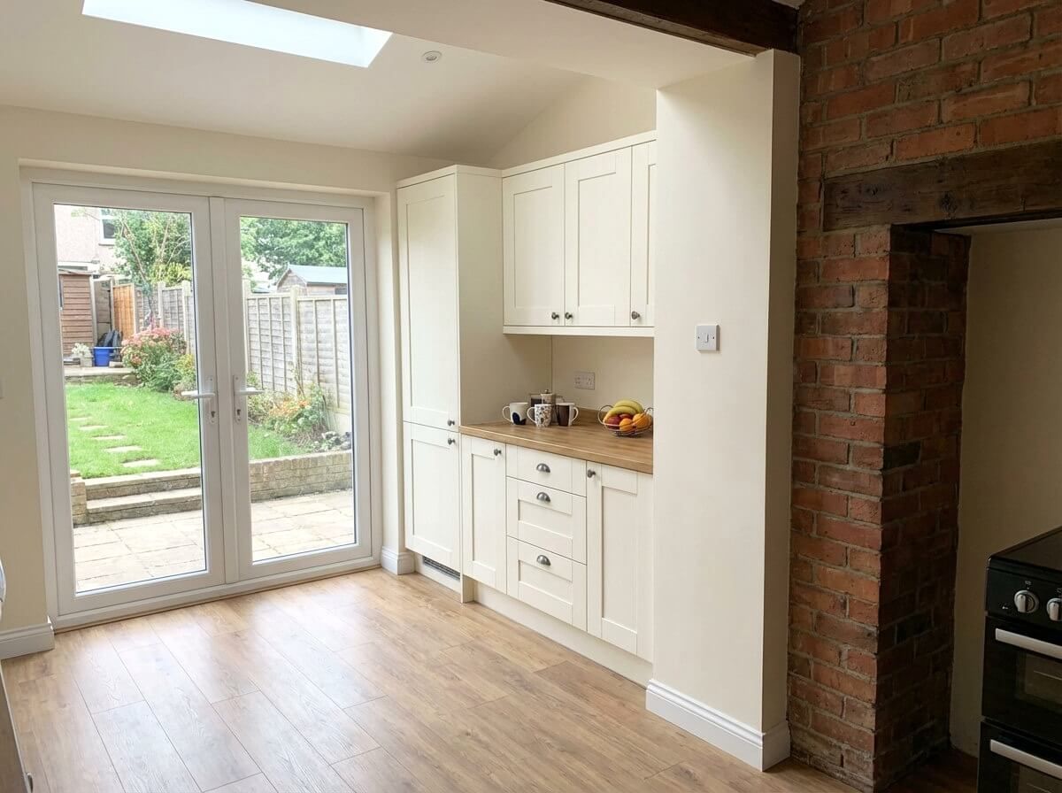 Kitchen with cream cabinets, wooden countertops, and brick wall. French doors open to a garden.