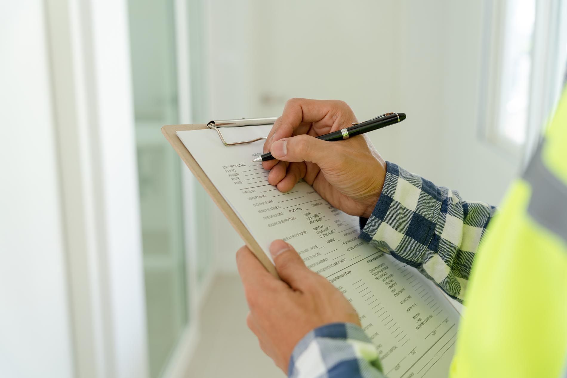 A man is writing on a clipboard with a pen.