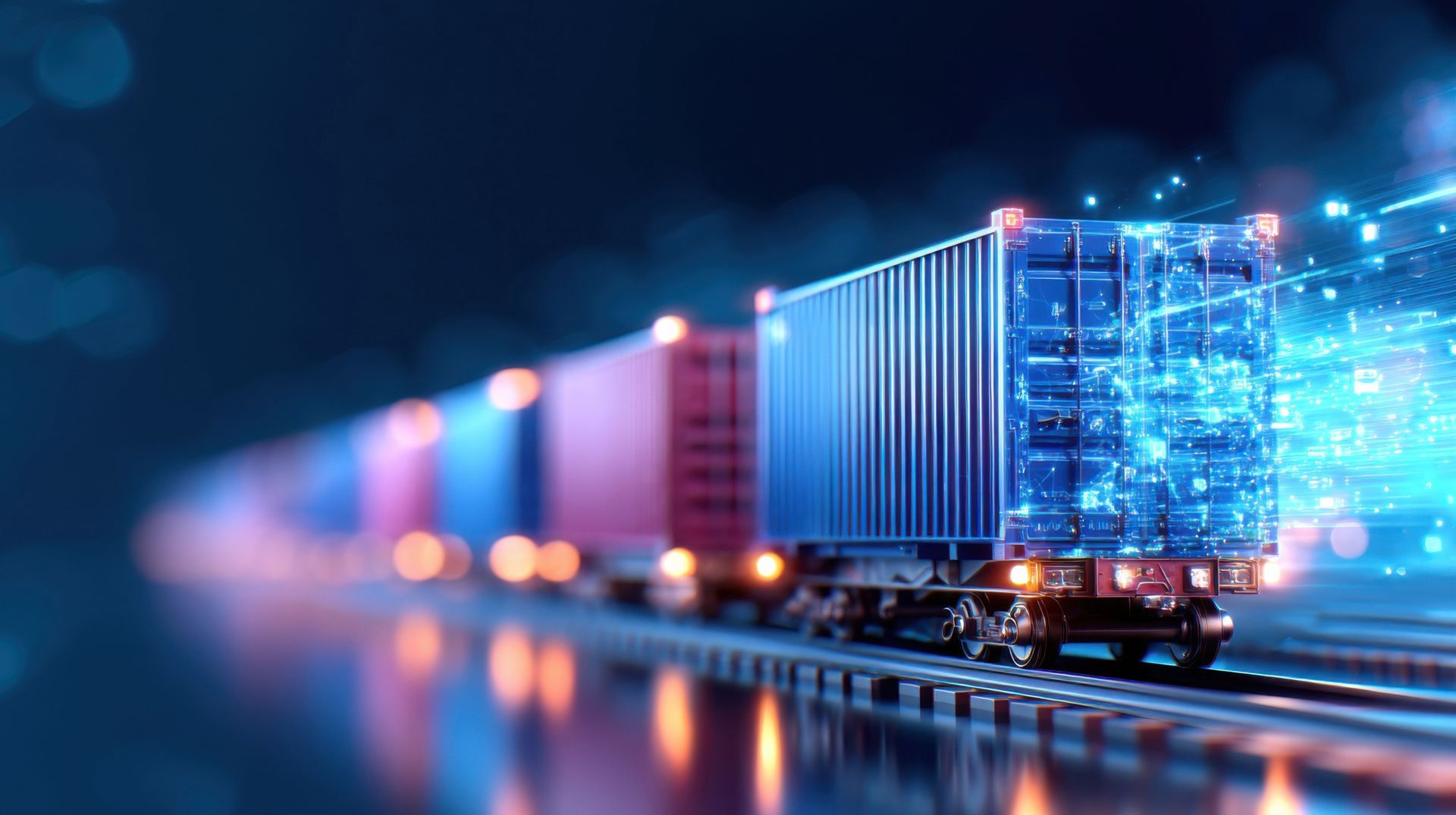 Train cars carrying shipping containers on tracks, with digital data overlay and blue and orange lights.