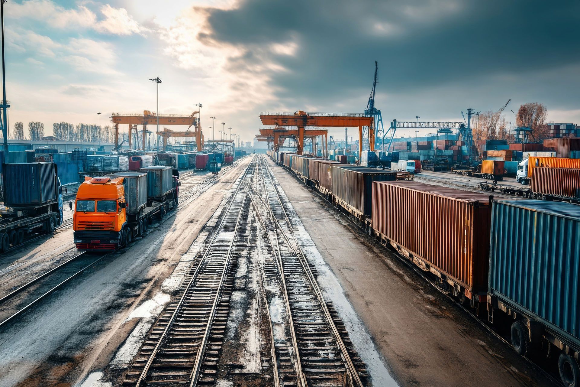 Truck and train cars loaded with cargo at a freight yard.