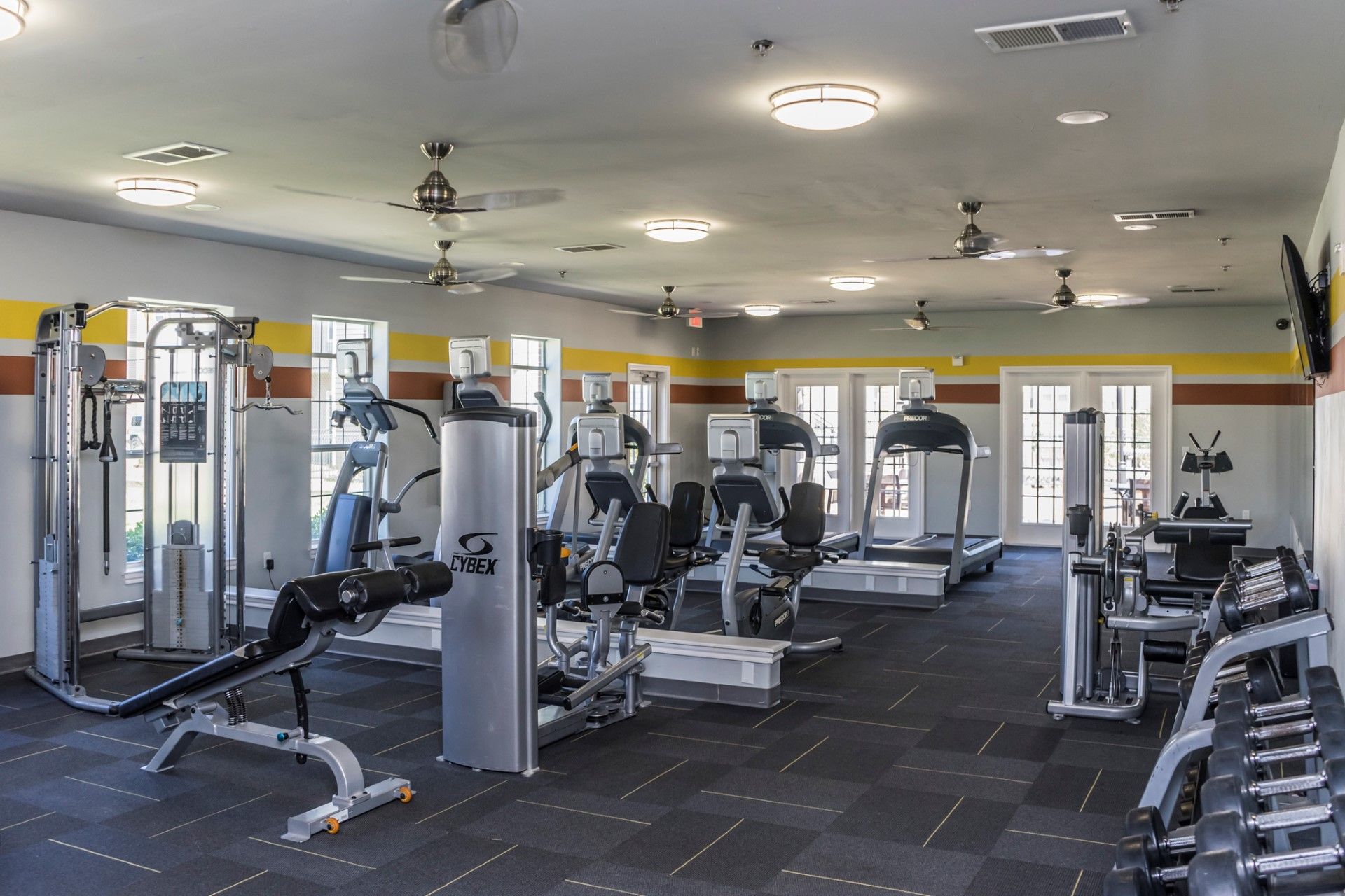 A large gym filled with lots of exercise equipment.