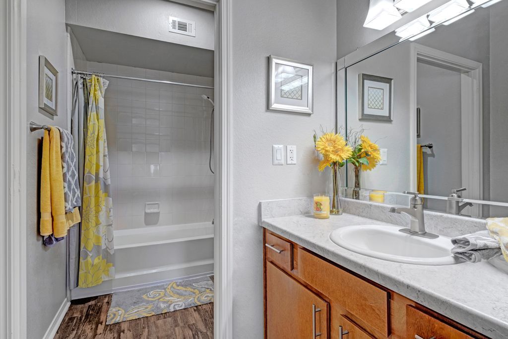 A bathroom with a sink , mirror and shower.
