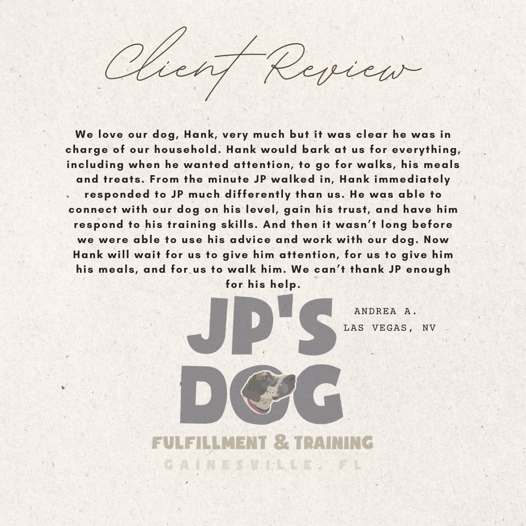A client review for jp 's dog fulfillment & training