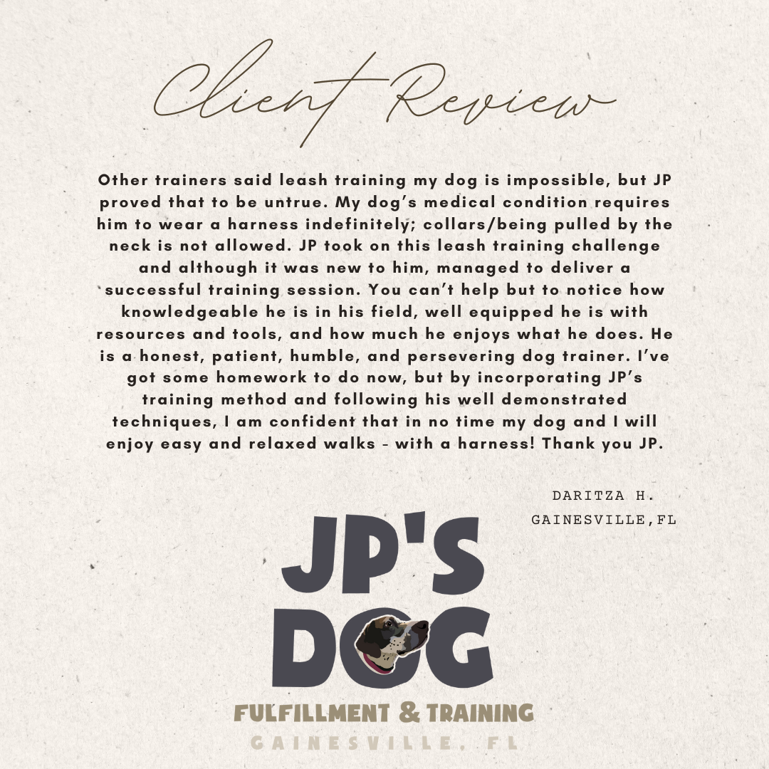 A client review for jp 's dog fulfillment & training