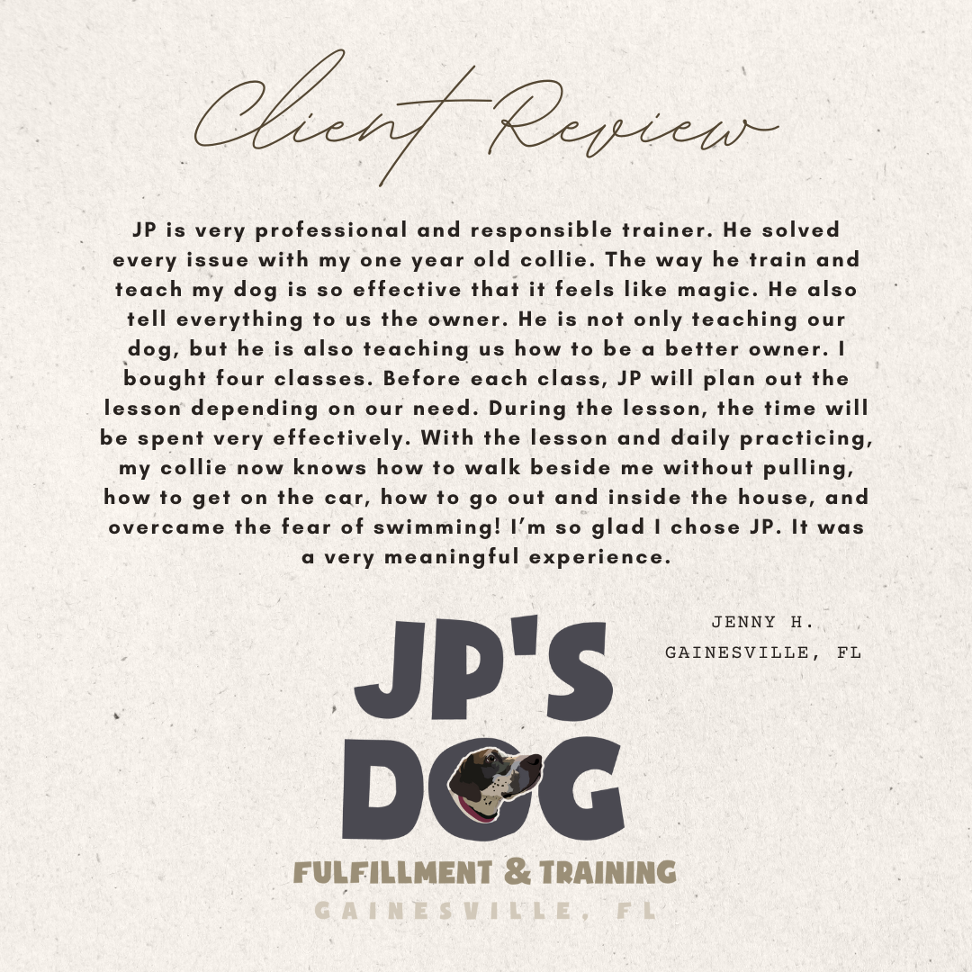 A client review for jp 's dog fulfillment & training