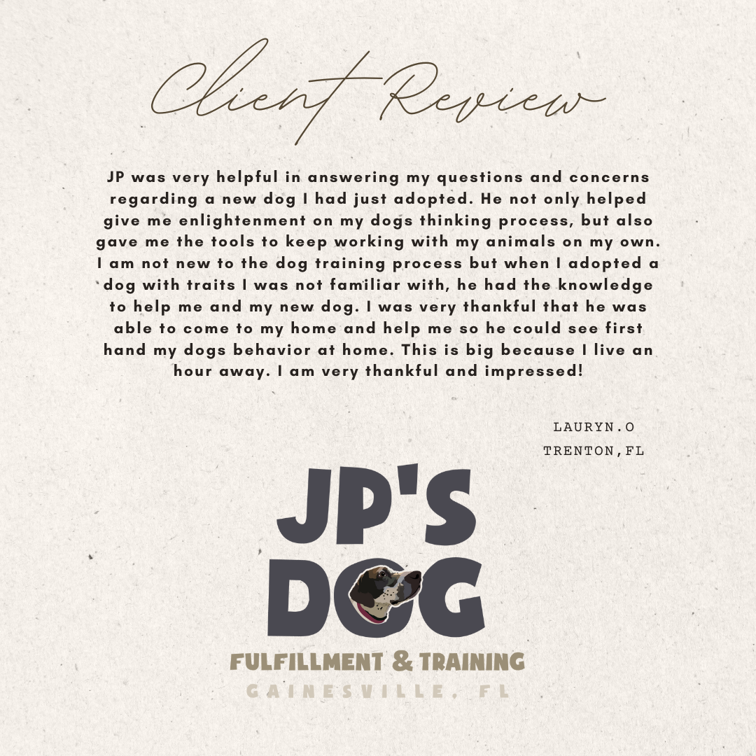 A client review for jp 's dog fulfillment & training