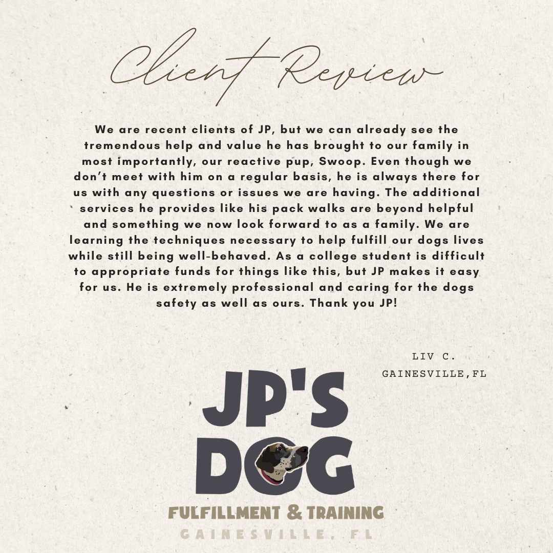 A client review for jp 's dog fulfillment & training