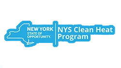 The new york nys clean heat program logo is blue and white.
