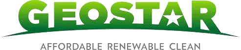 A green and white logo for geostar affordable renewable clean
