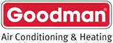 The logo for goodman air conditioning and heating is red and white.