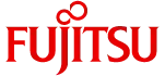 A red fujitsu logo on a white background.