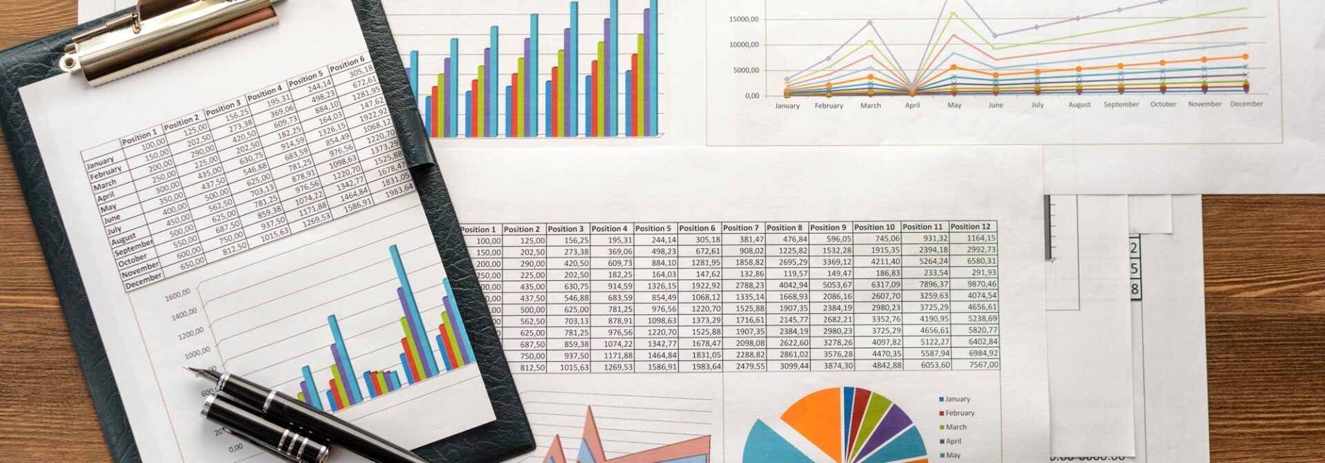 Financial printed paper charts and graphs in the table