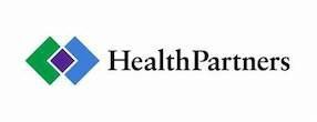 The health partners logo is a blue , green , and purple diamond.