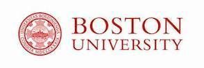 The logo for boston university is red and white and has a seal on it.