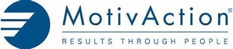 A blue and white logo for motivation results through people