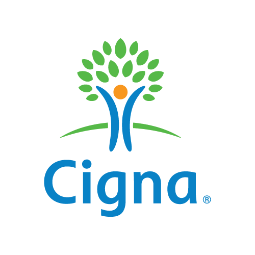 A cigna logo with a tree and a person in the middle