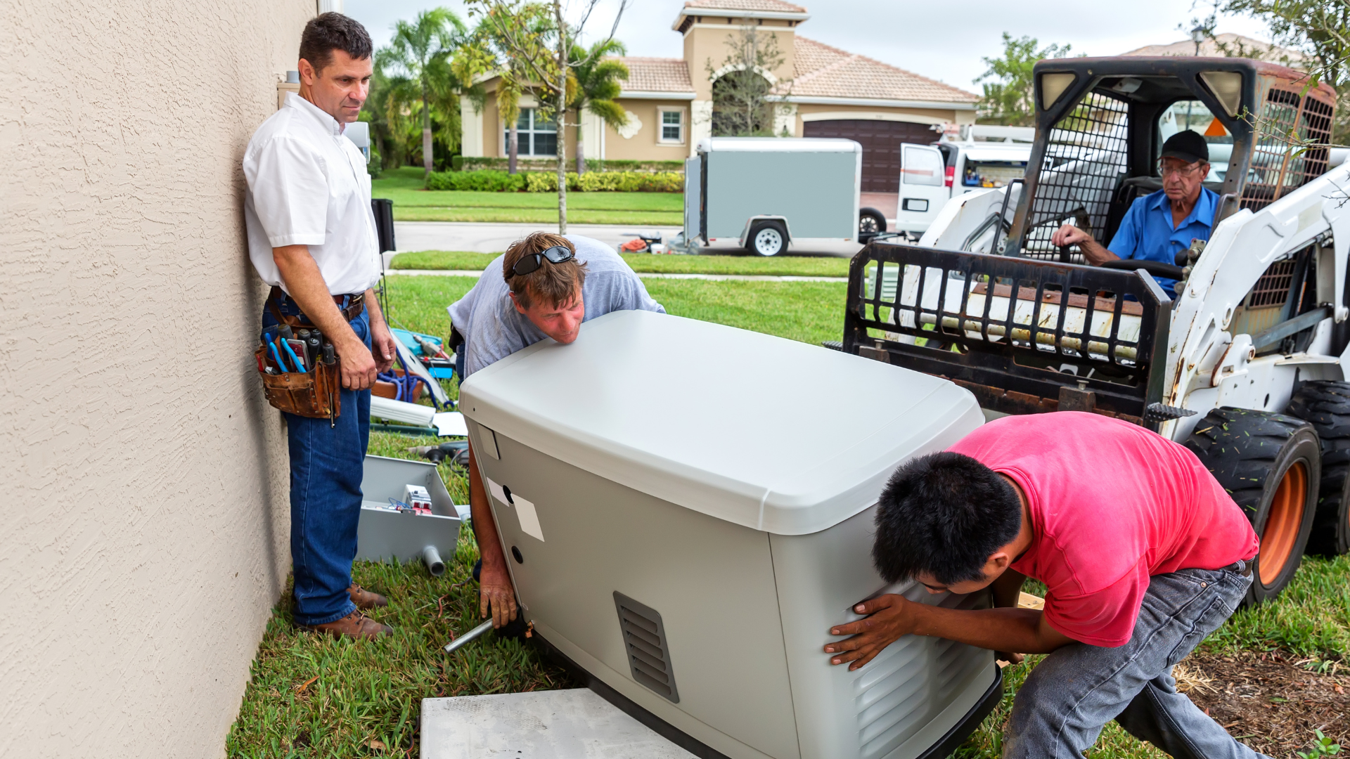 A group of men are working on a generator outside of a house.