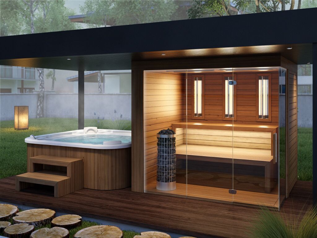 There is a hot tub and a sauna in the backyard.