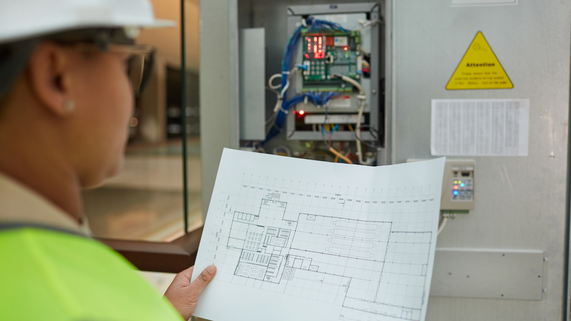 A man is holding a blueprint in front of an electrical box.
