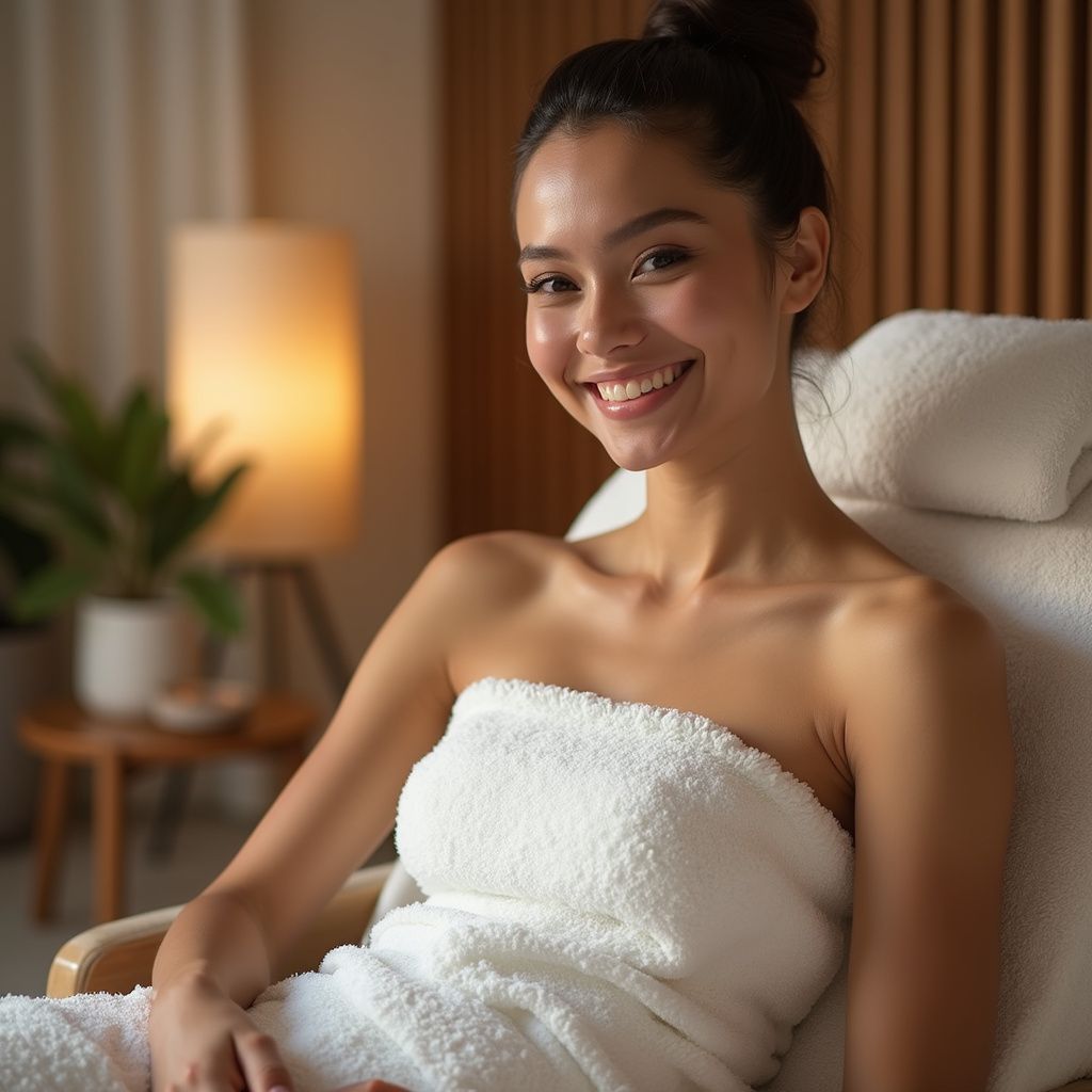 Woman in a spa, wrapped in white towels, smiles at the camera.