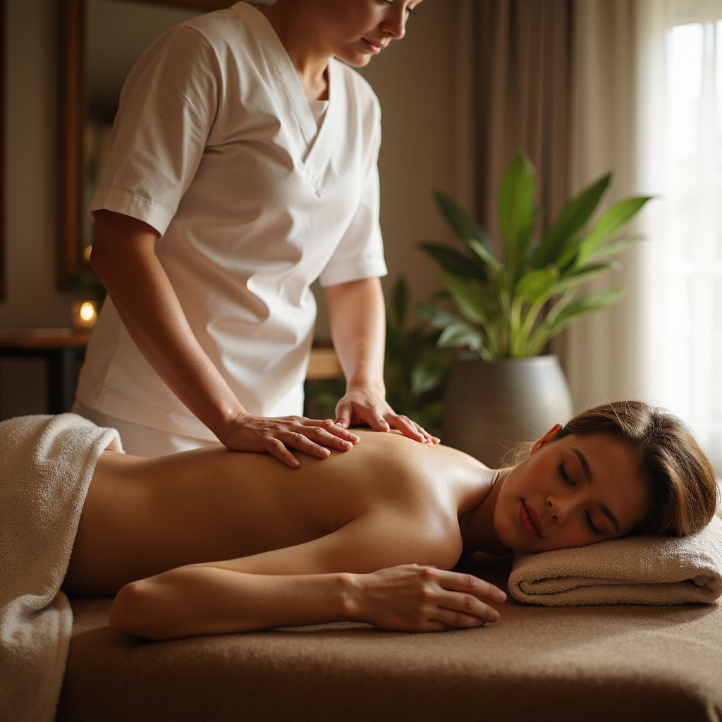 Woman receiving a back massage from a massage therapist in a spa-like room.