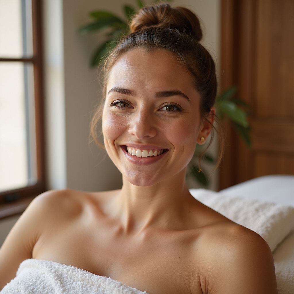 Woman smiling at the camera wrapped in a white towel, hair in a bun, indoors near window.