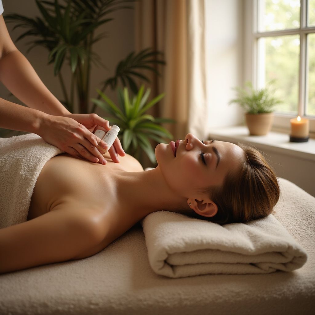 Woman receiving chest massage in spa; lit candles and plants in background.
