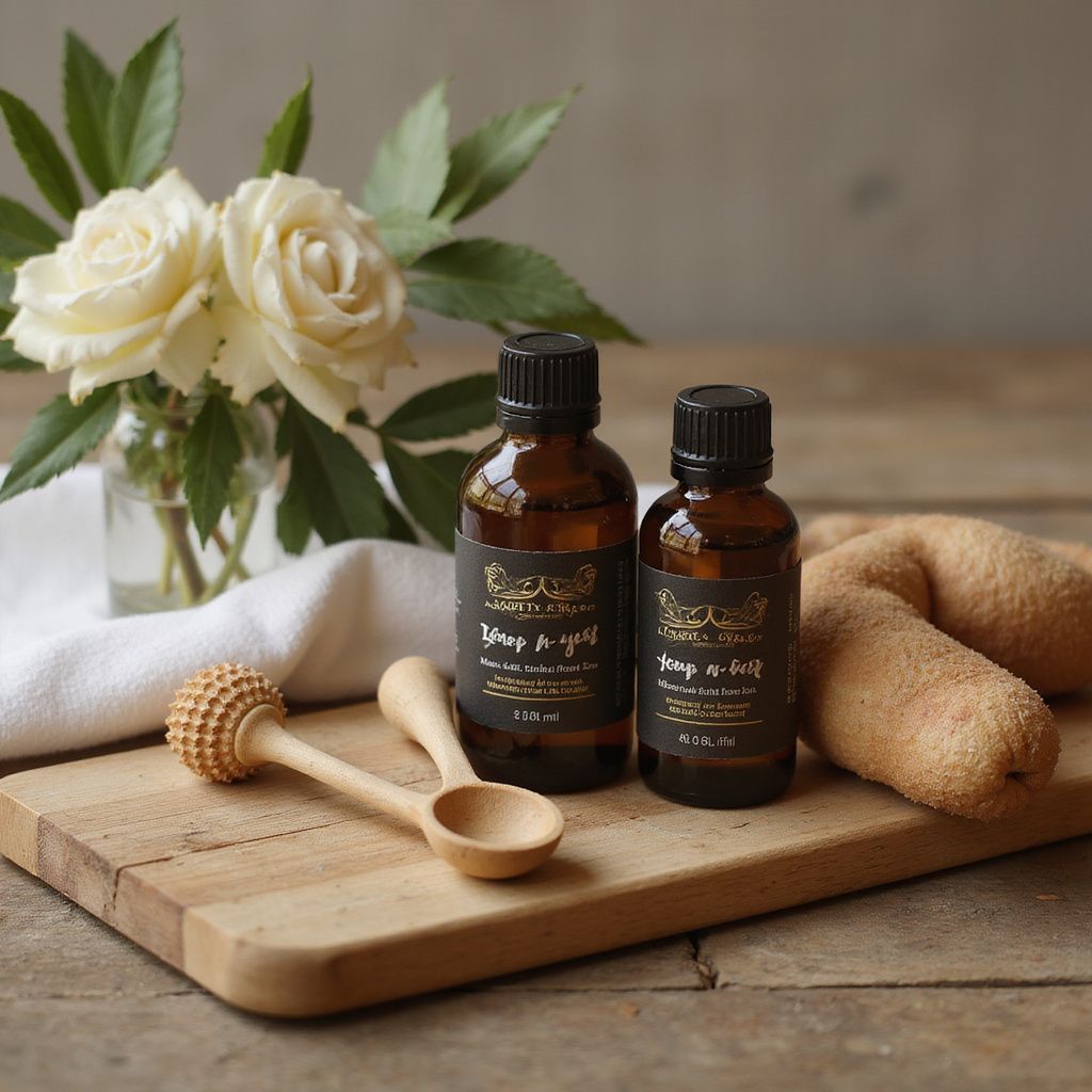 Two brown bottles, wooden spoon, massage tool, and flowers on a wooden board.