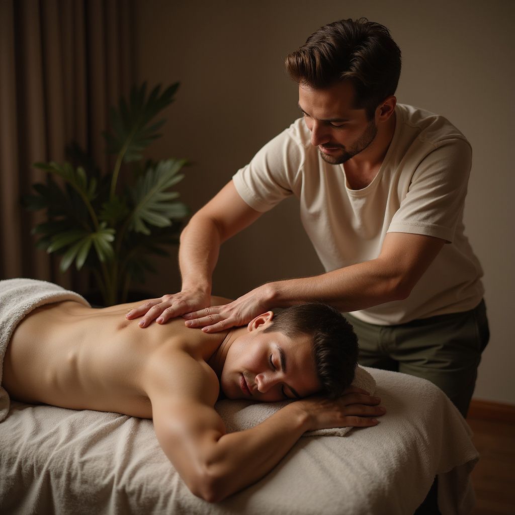 Man receiving a back massage from another man in a dimly lit room.