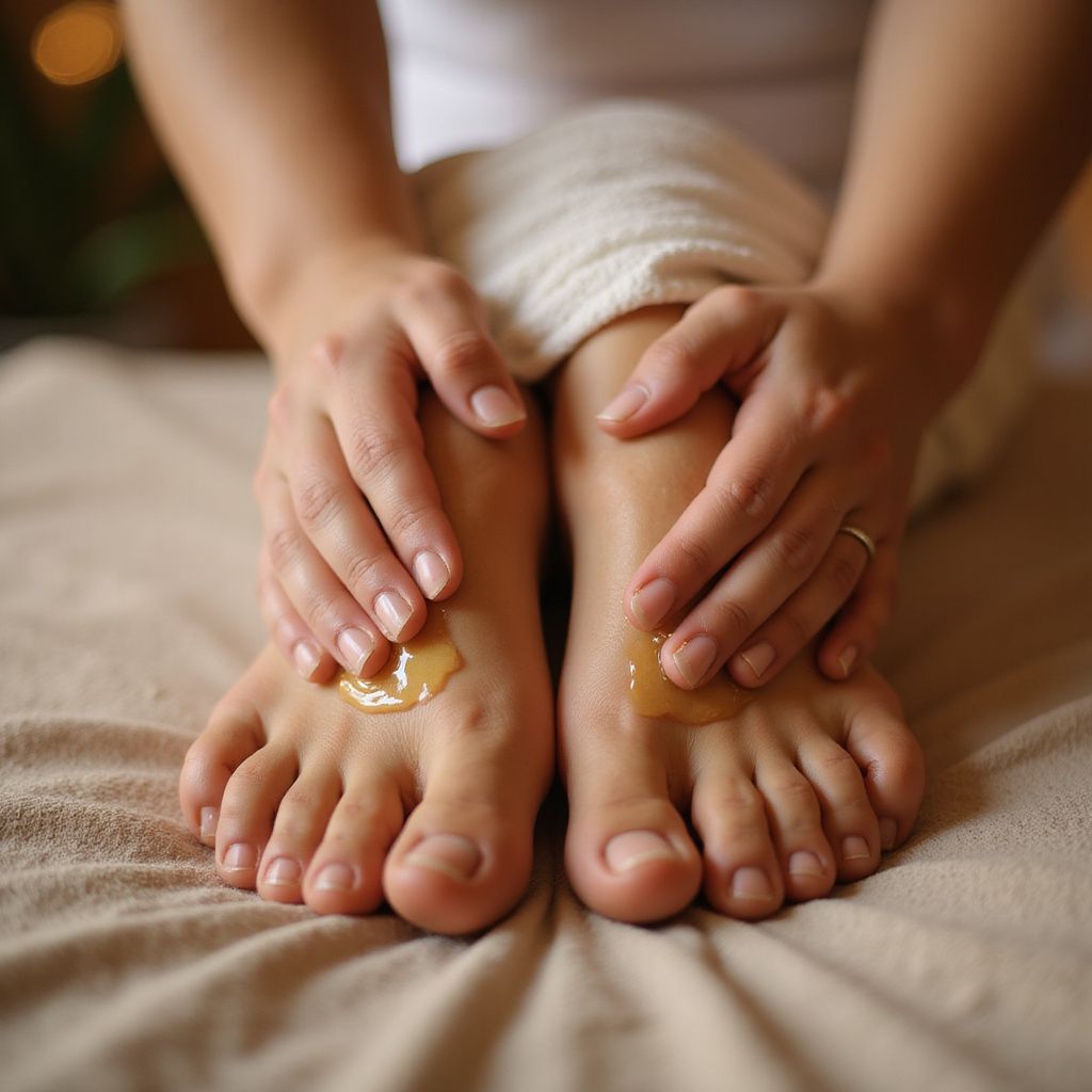 Hands applying oil to bare feet on a cream-colored surface.