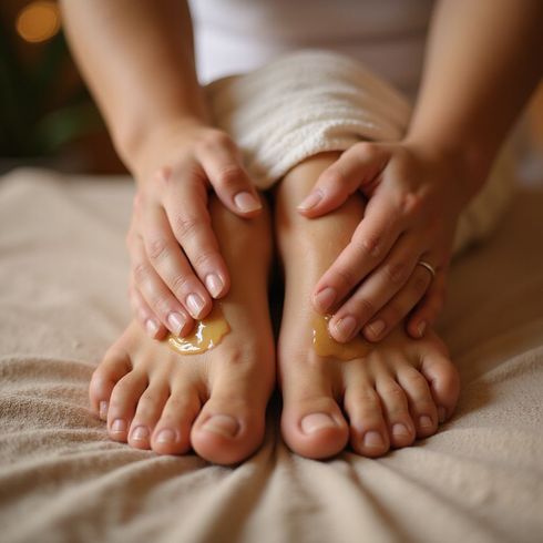 Hands applying oil to bare feet on a cream-colored surface.
