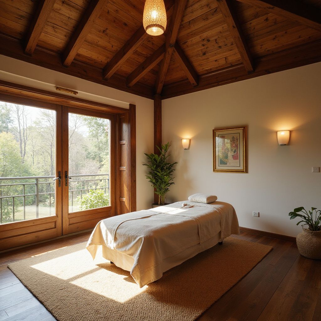 Massage room with wooden ceiling, bed, and large doors to balcony, light and airy.