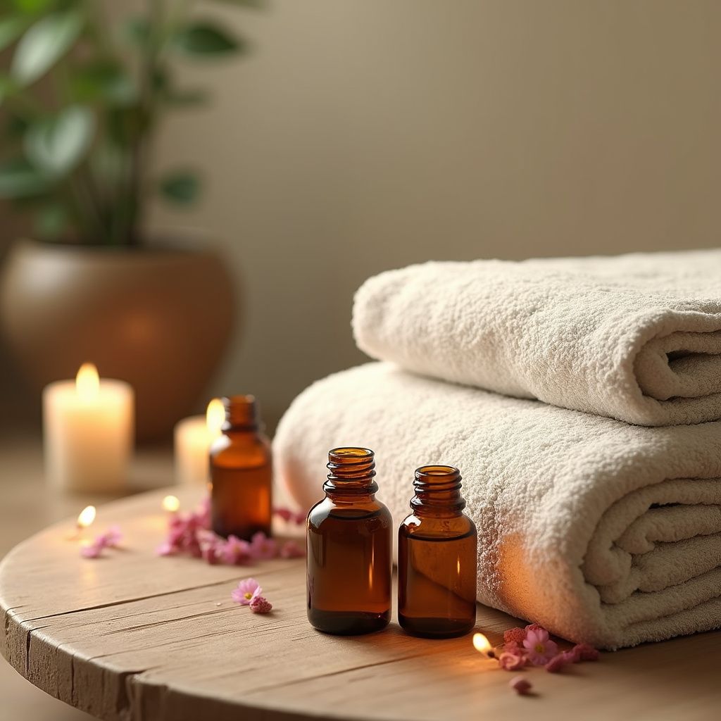 Two amber oil bottles, folded towels, and lit candles on a wooden table, spa setting.