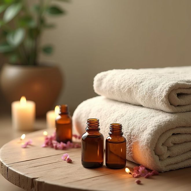 Two amber oil bottles, folded towels, and lit candles on a wooden table, spa setting.