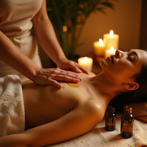 Woman receiving massage, warm lighting, candles, oils, therapist's hands on chest, relaxation.