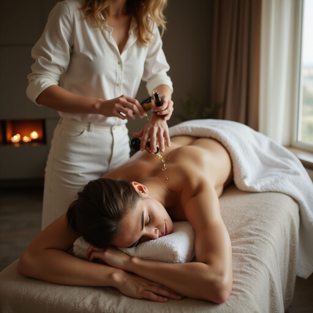 Woman receiving back massage. Therapist pouring oil.  Relaxing setting with fireplace and window.