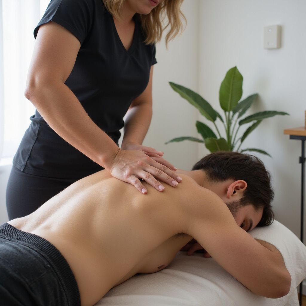 Woman giving a back massage to a man lying face down on a massage table.