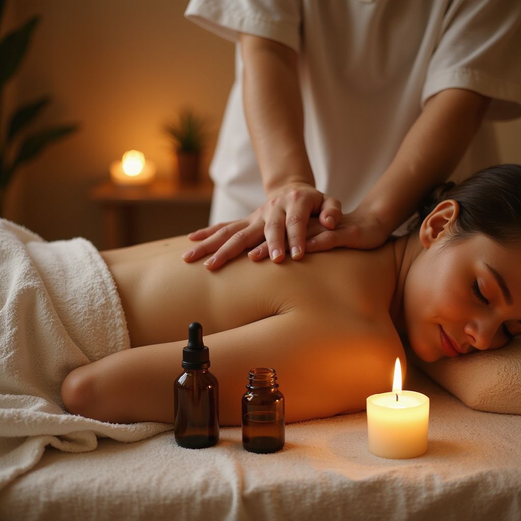 Woman receiving a back massage in a dimly lit room with candles.